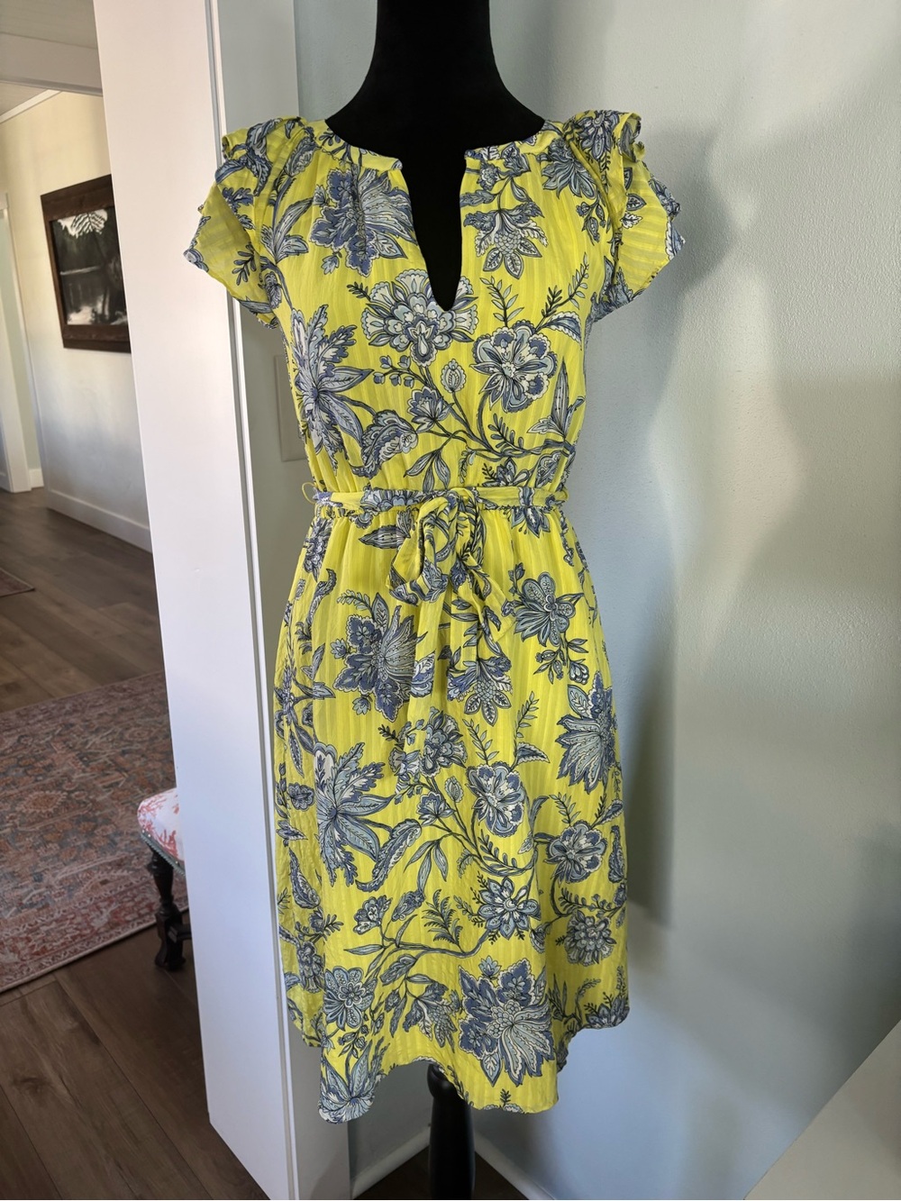 LOFT Yellow Floral Midi Dress with Blue paisley chinoiserie Print XXSP